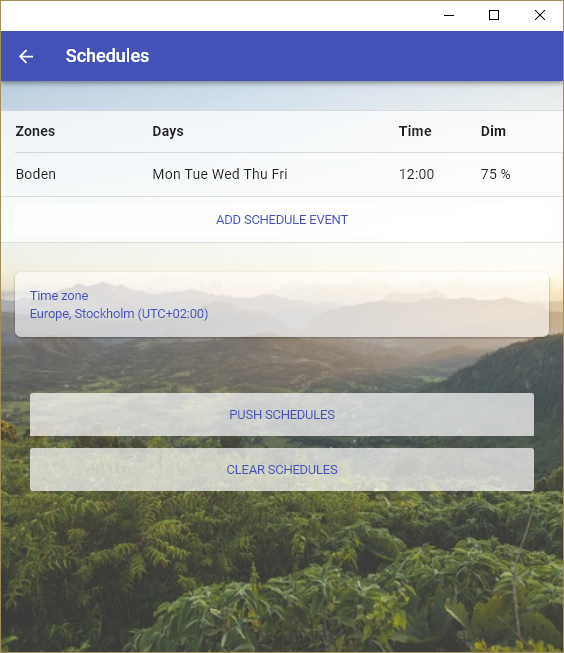 Thingsquare IoT platform setting for scheduled dimming control